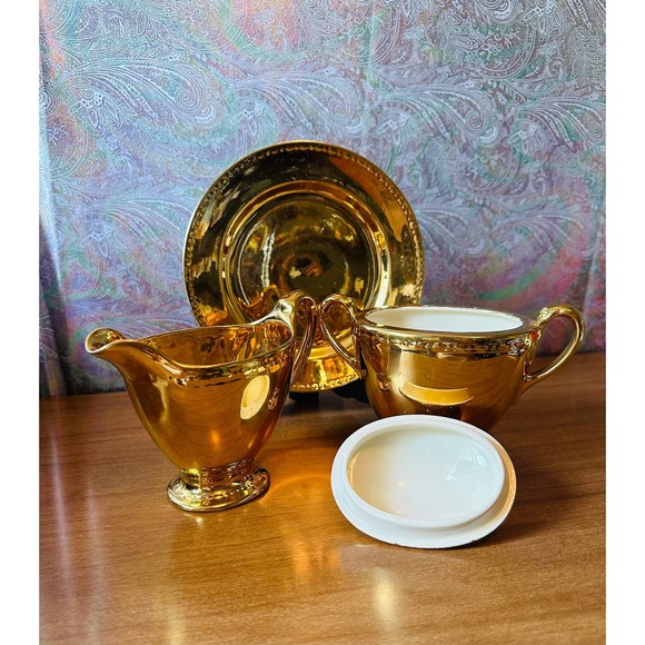 Homer Laughlin Georgian eggshell 22K gold lidded sugar creamer an dessert plate - Picture 9 of 10